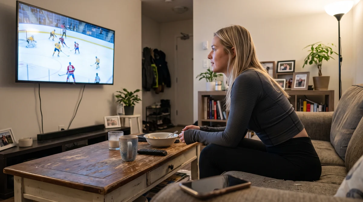 A young adult woman watches a hockey broadcast at home beside an unused smartphone.