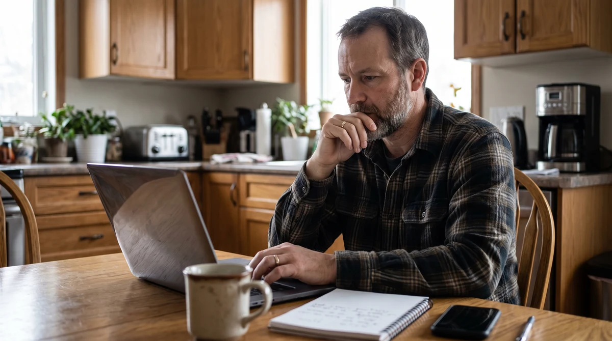 An Alberta resident reviews an online gambling account on a laptop at home.