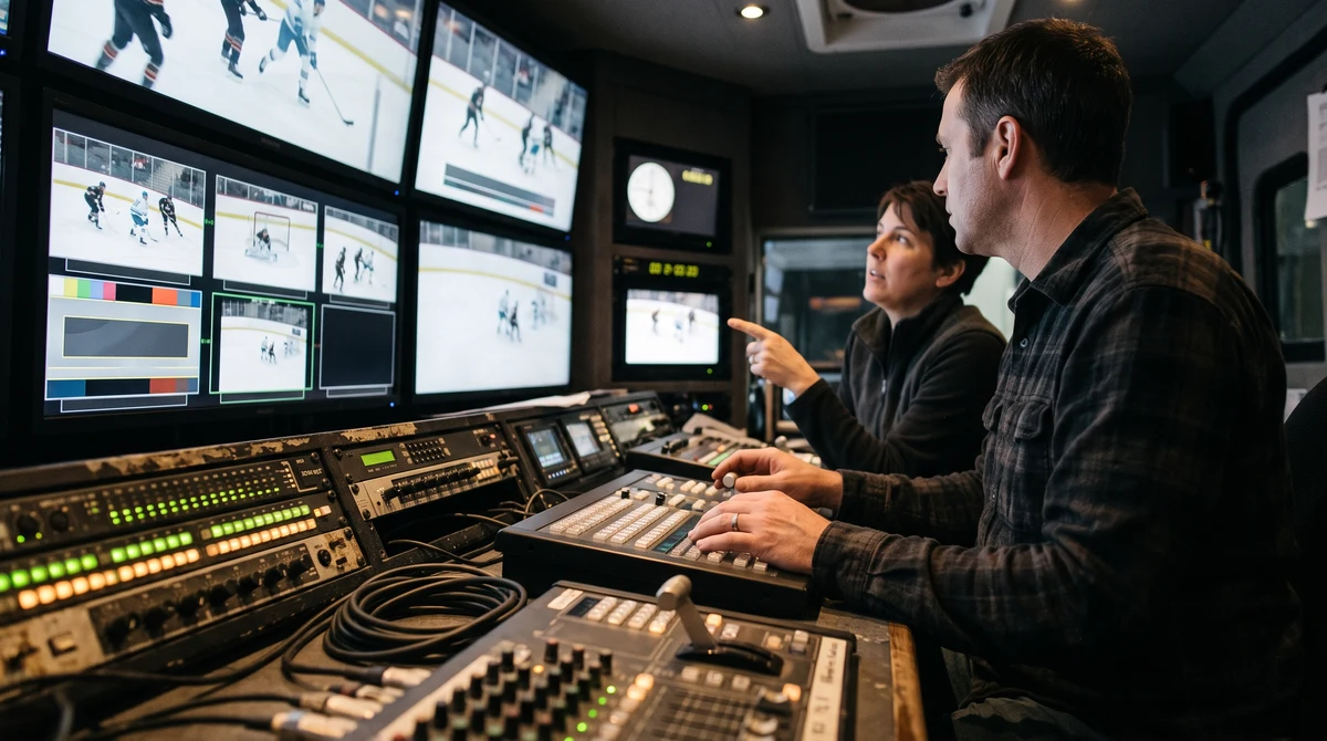 Adult production staff monitor a live hockey broadcast in a control room as Canadian gambling advertising rules face scrutiny.