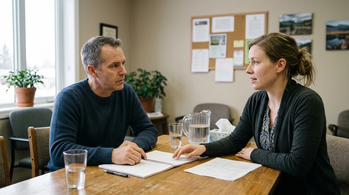 An adult client speaks with a counsellor in a quiet Alberta treatment centre.