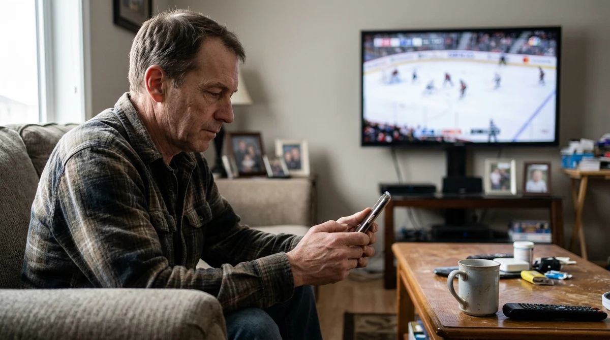 An Alberta sports fan checks a smartphone beside a blurred hockey broadcast as the province’s regulated betting market expands.