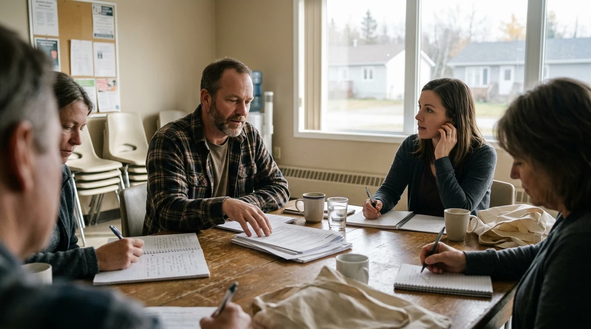 Community researchers discuss gambling-harm prevention plans in a northern Ontario meeting room.