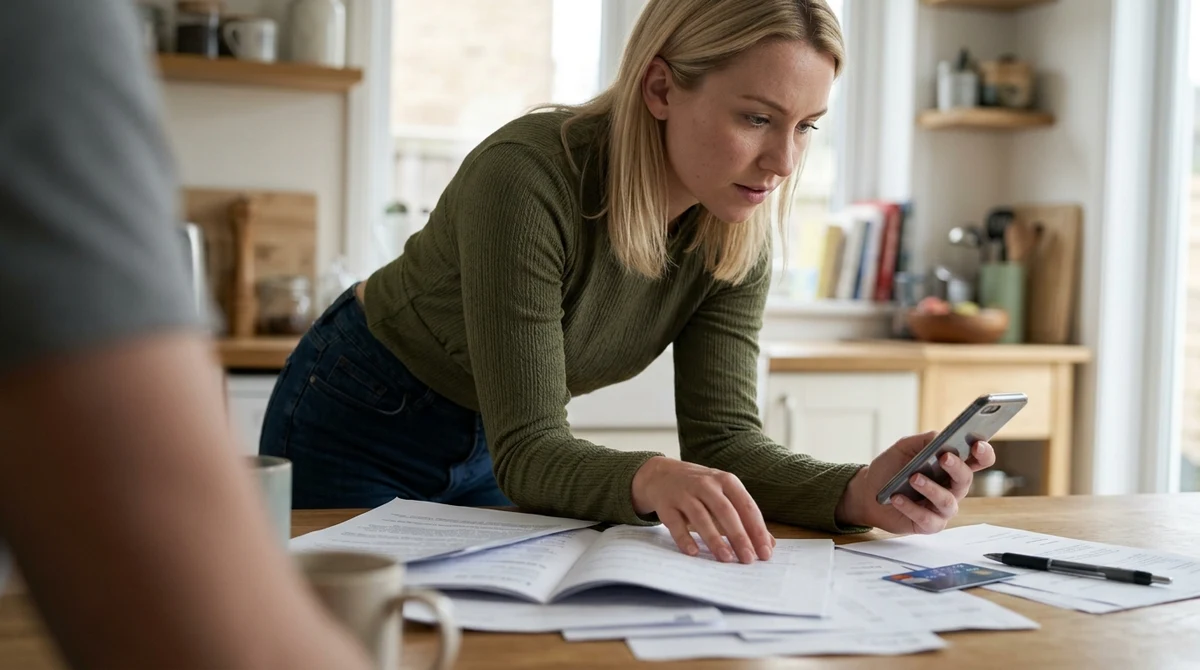 A young adult woman checks a smartphone beside compliance papers and payment materials in a documentary-style scene about Alberta’s regulated iGaming deadline.