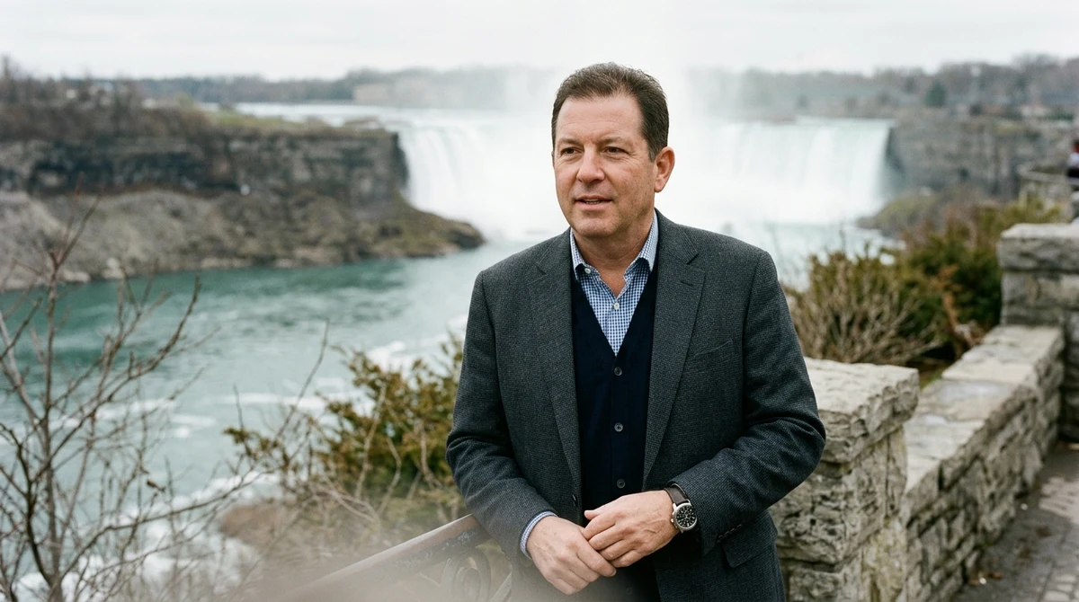 Editorial illustration of Circa Sports CEO Derek Stevens near Niagara Falls as Ontario opens the region to new casino operators.