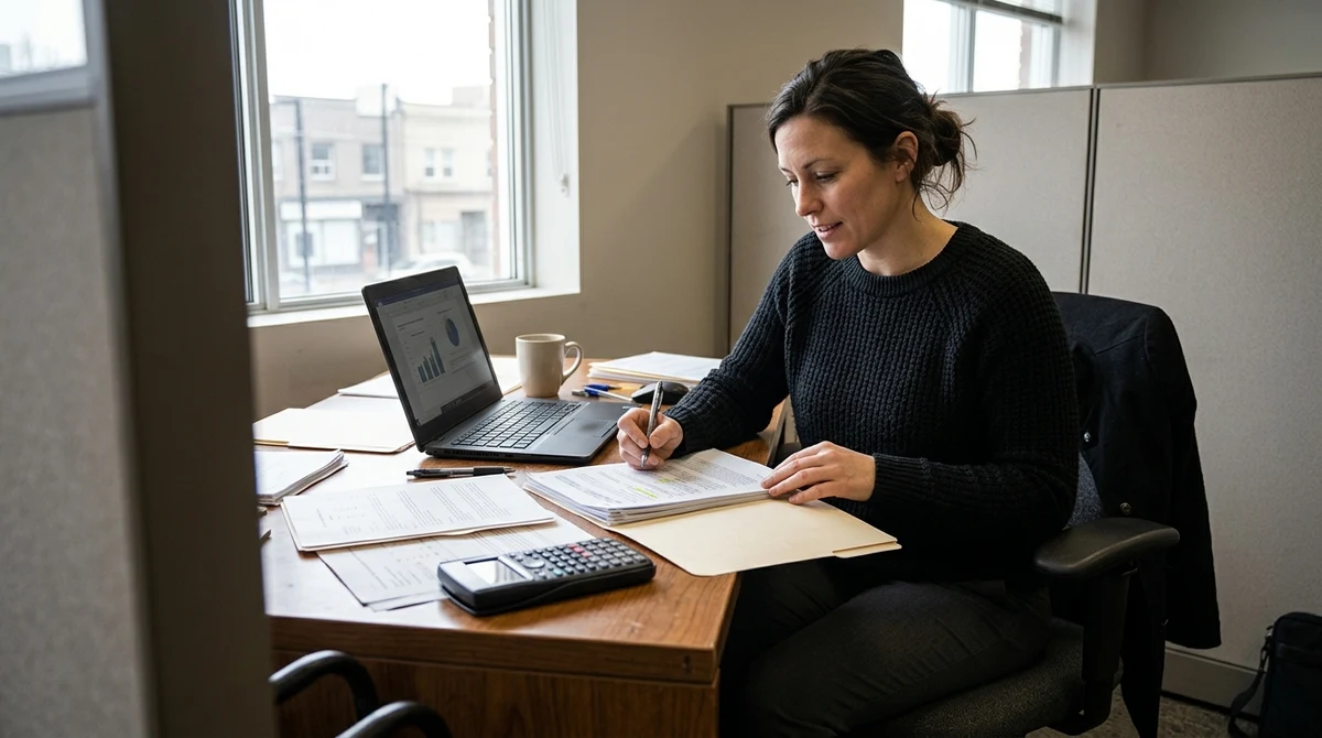 An adult policy analyst reviews Alberta iGaming documents and market charts at an office desk.