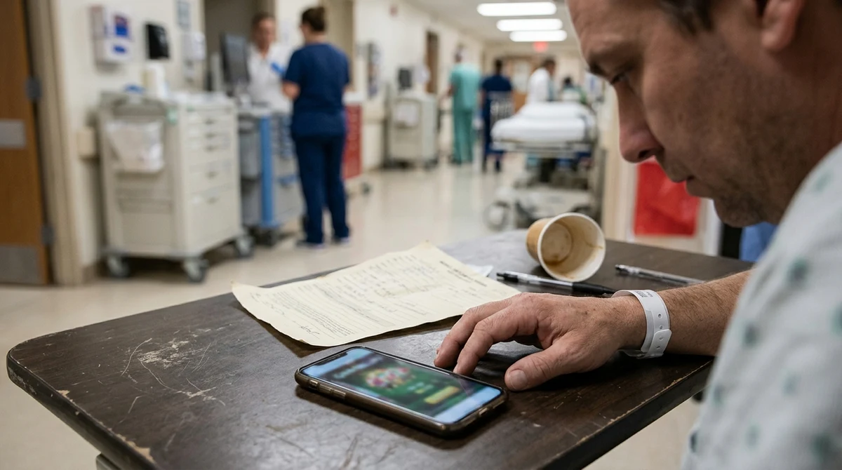 A smartphone with a blurred gambling interface beside a hospital wristband near an emergency department corridor.
