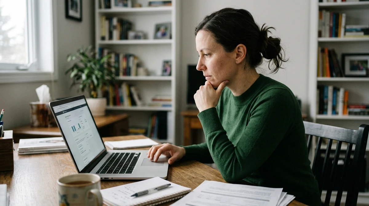 Adult woman reviewing a regulated online gaming account on a laptop in an Alberta home office.
