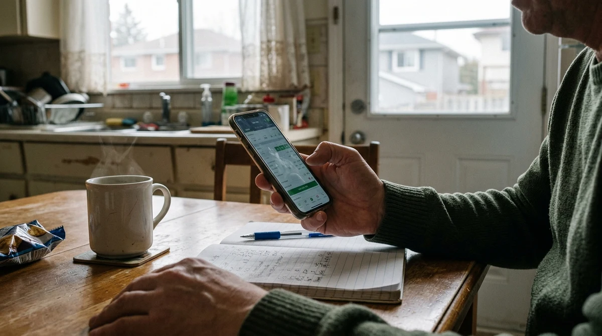 An adult bettor reviews a live sports wager on a smartphone at a kitchen table.