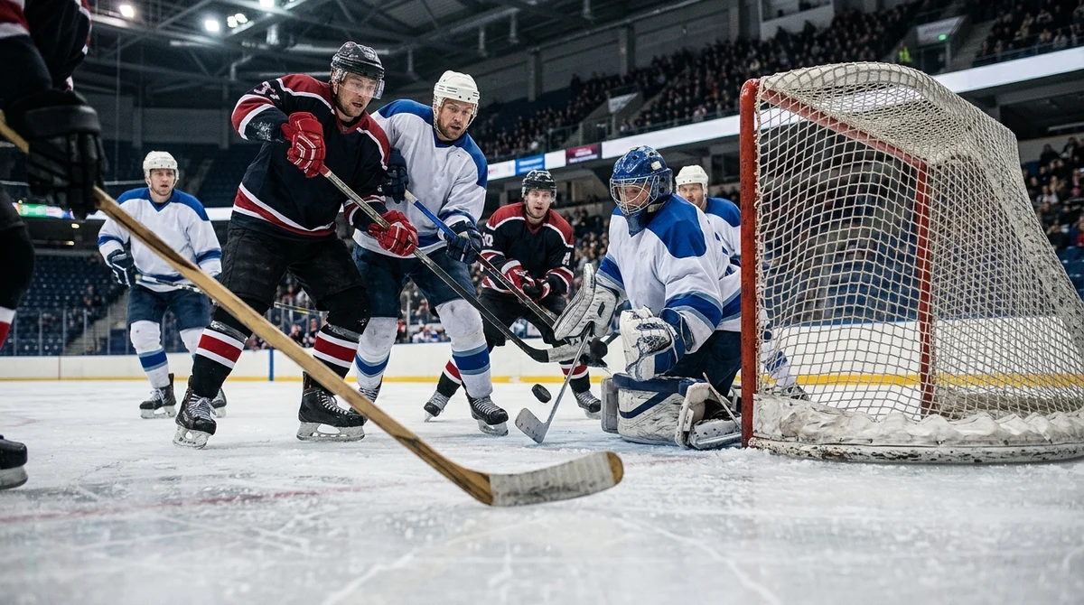 Adult hockey players compete near the net during a close game in a Canadian arena.