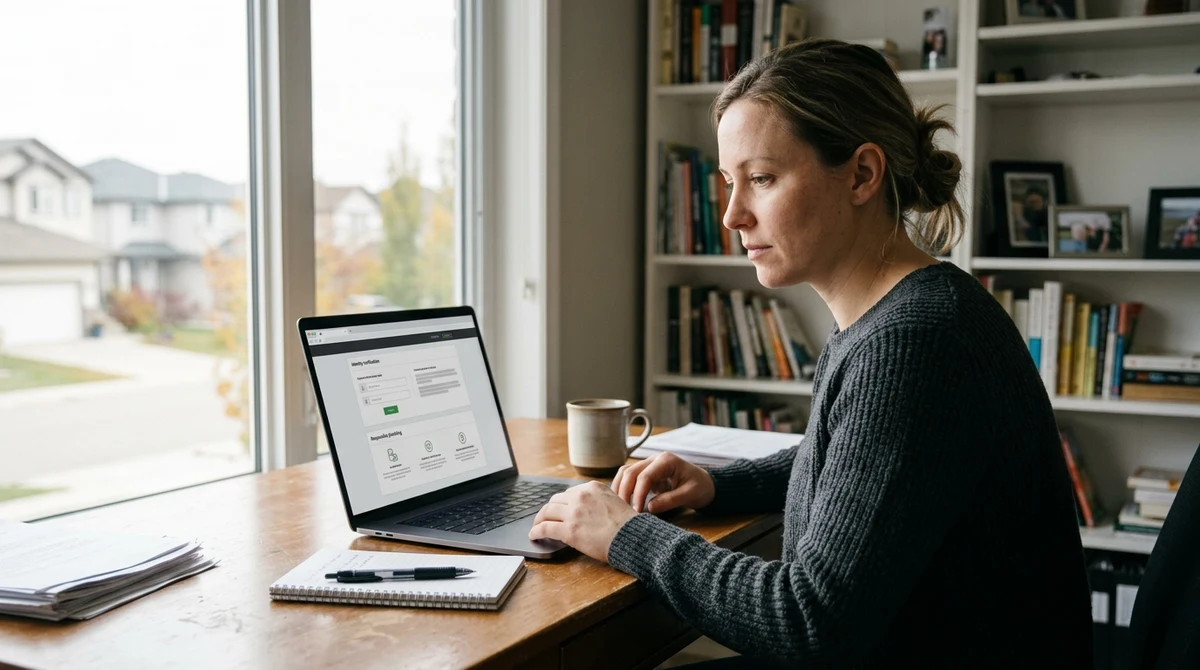 Adult woman reviewing generic online gaming compliance and identity-verification information on a laptop in an Alberta home office.