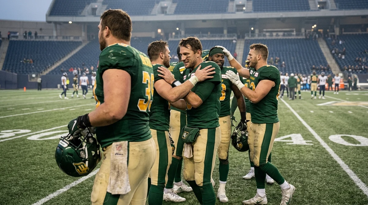 Canadian football players in green and gold celebrate a playoff berth on a stadium field.