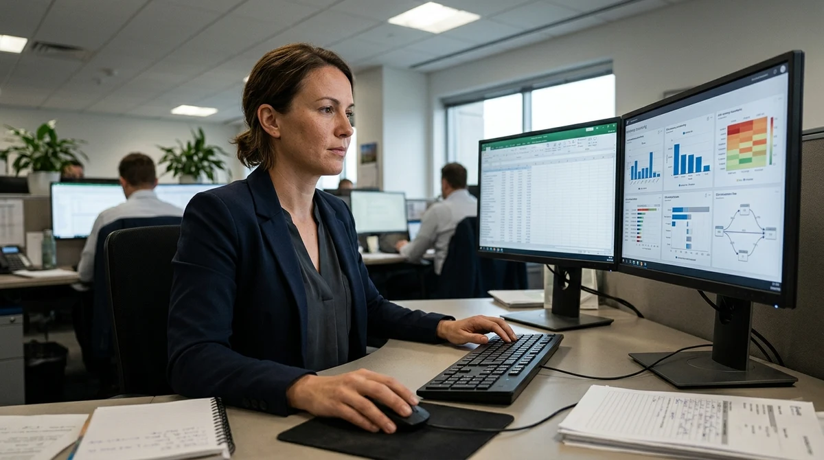 An adult compliance analyst reviews anonymized anti-money-laundering data in a Canadian iGaming operations office.