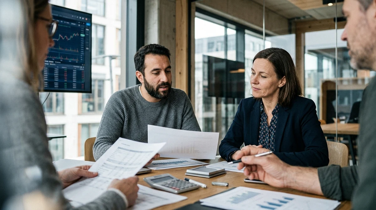 Financial professionals review market data and event-contract documents in a Canadian trading environment.