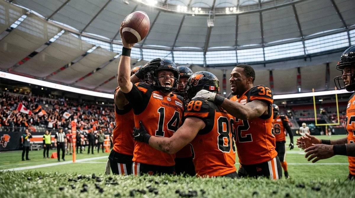 Canadian football players celebrate a playoff-clinching victory on a Vancouver field.