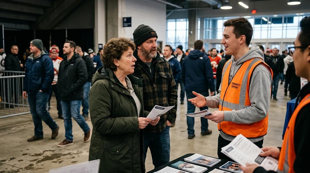 Adult sports fans speak with community educators during a safer-gambling outreach event at a Canadian arena.