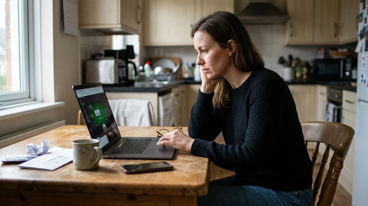 Adult woman reviewing an online poker account on a laptop at home.