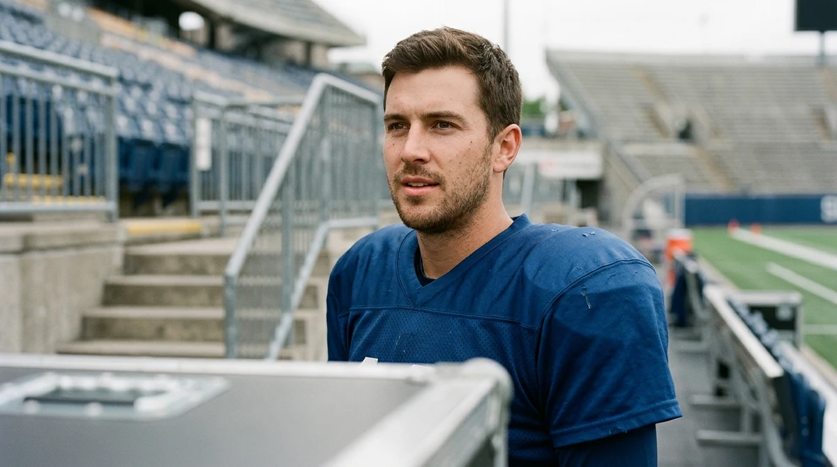 Illustration of Montreal Alouettes quarterback Davis Alexander in a neutral football stadium setting.