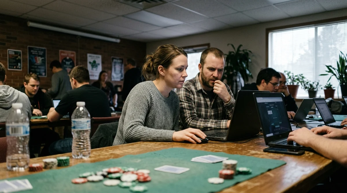 Adults using laptops at a poker table, representing Alberta’s regulated online poker market.
