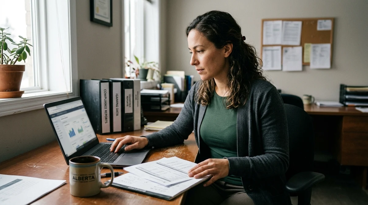 An adult regulatory analyst reviews online gambling compliance information on a laptop in an office.