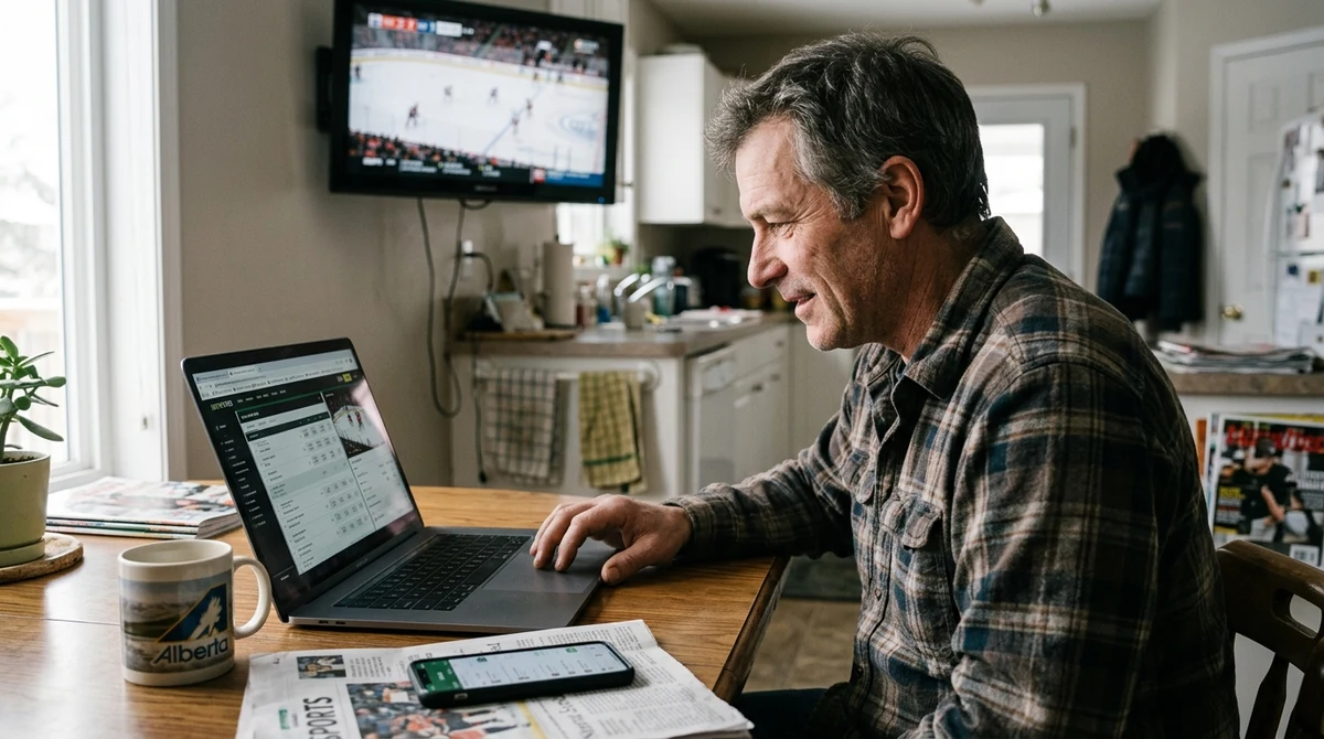 An Alberta resident reviews a regulated sports betting account at home beside a responsible-gambling interface.