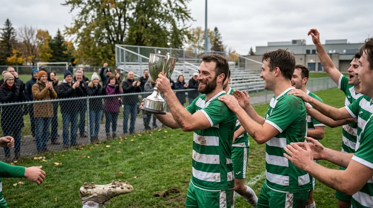 Amateur soccer players lift a national cup after a victory in Ottawa.