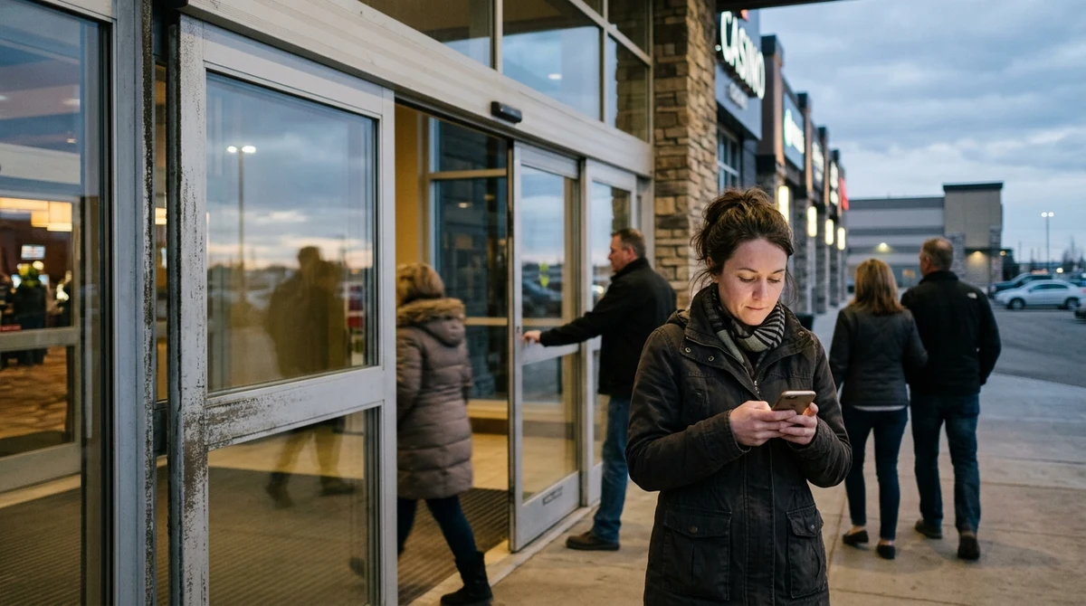 A casino resort near Edmonton, with an adult checking a smartphone as River Cree prepares an online gaming service.