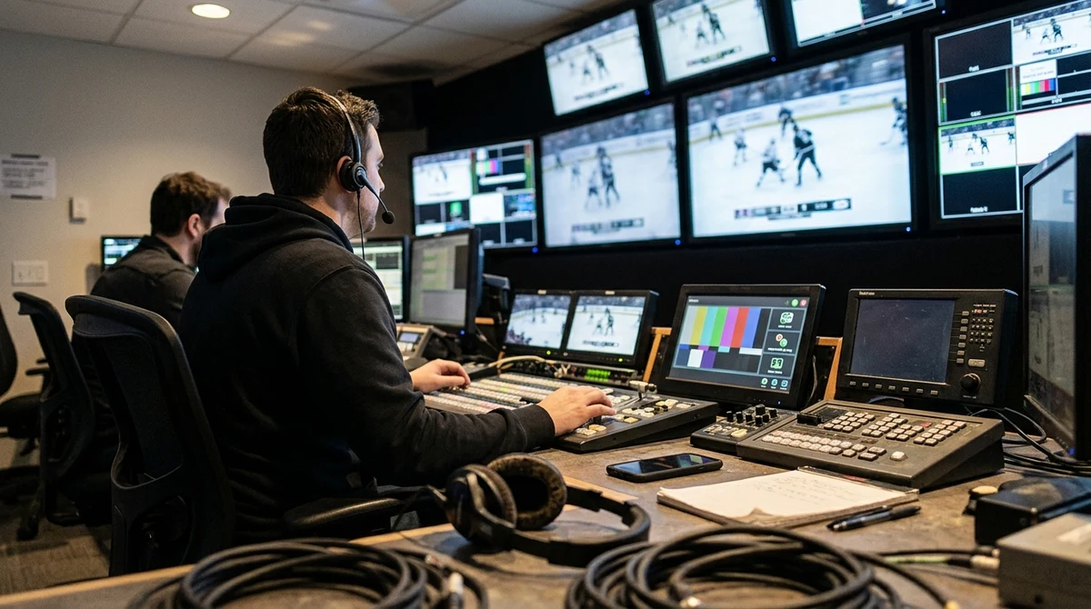 A sports broadcast control room with neutral materials representing Canada’s debate over betting-ad rules.
