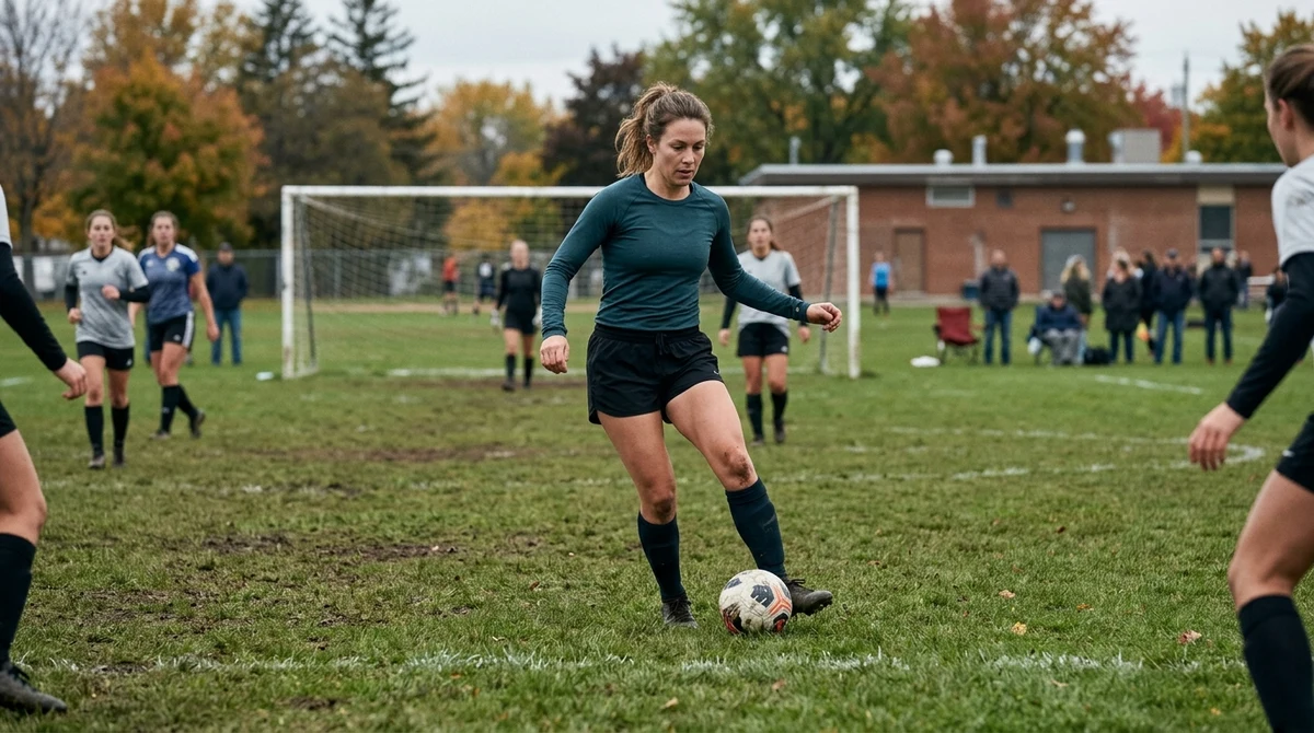 An adult amateur soccer player takes part in an autumn match on an Ottawa community field.