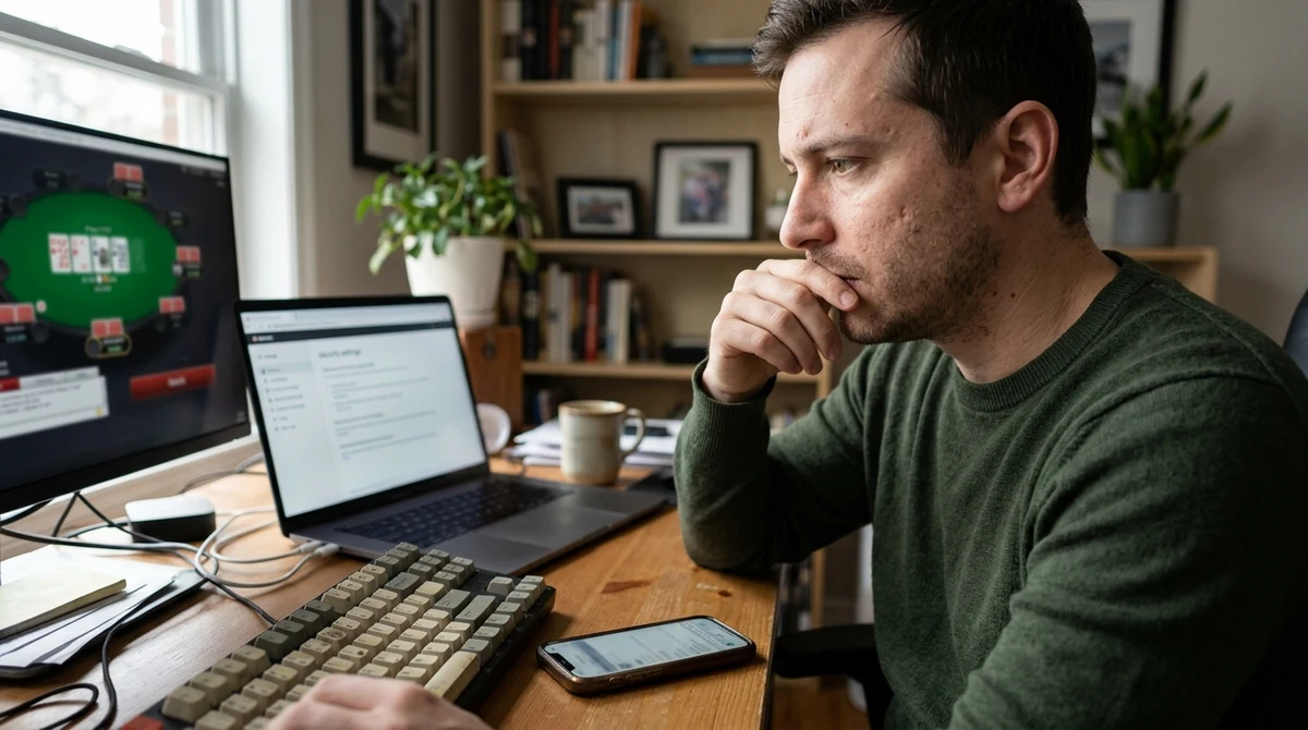 An Ontario online poker player reviews security settings beside a laptop with a blurred poker interface.