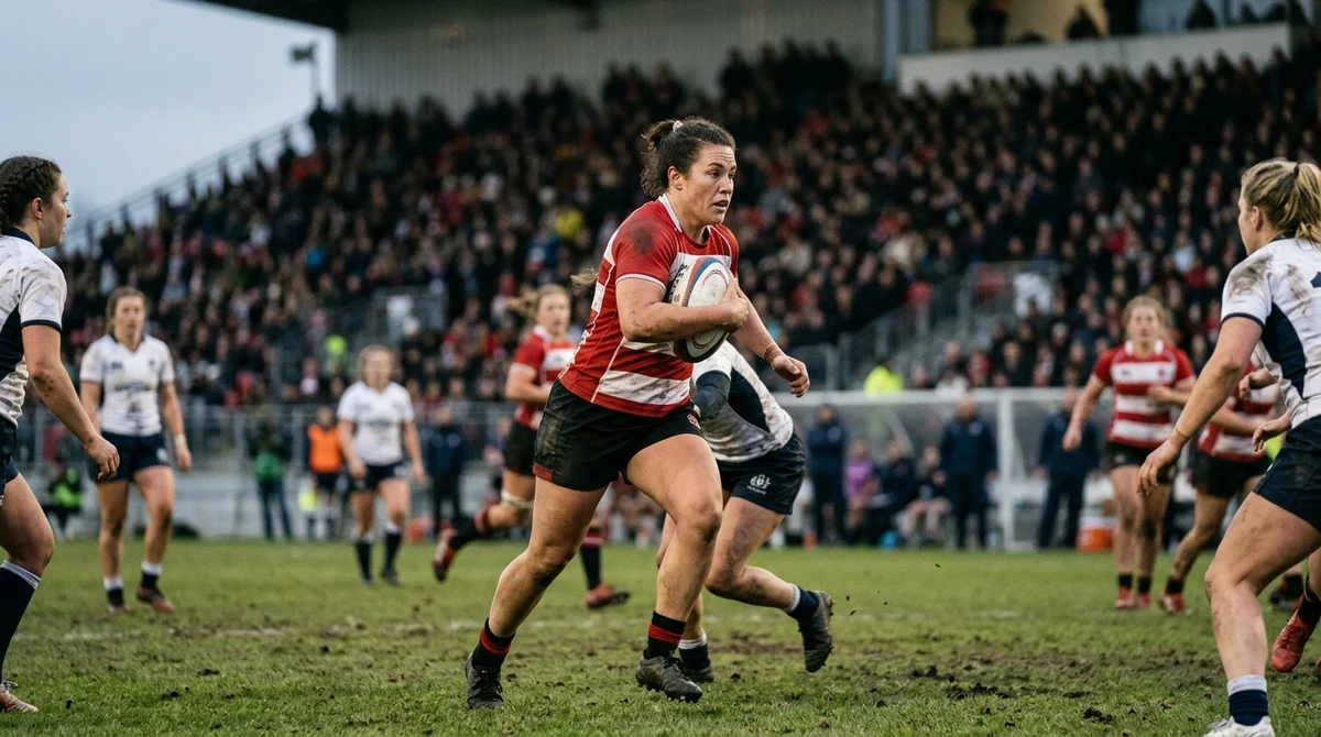 An adult woman rugby player carries the ball during a packed women’s rugby match in a Toronto stadium.