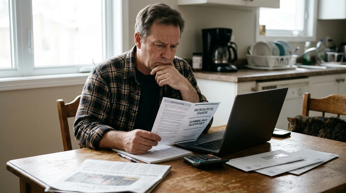 An adult reviews gambling-support information and household paperwork at a kitchen table in Ontario.